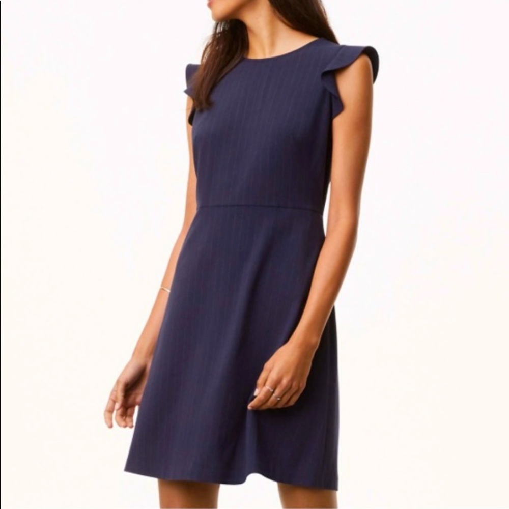 LOFT navy pinstripe dress with flutter sleeves